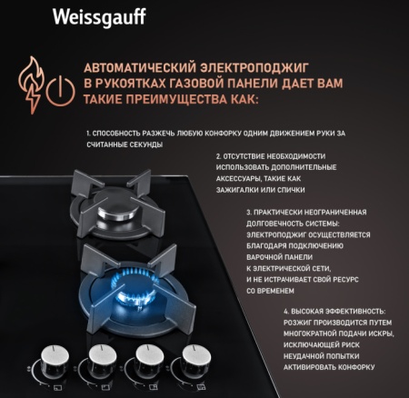 Газовая панель Weissgauff HGG 640 BG купить с доставкой по Москве и Московской области в интернет-магазине АваТехно