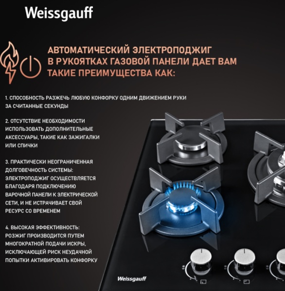Газовая панель WEISSGAUFF HGG 451 BGh купить с доставкой по Москве и Московской области в интернет-магазине АваТехно